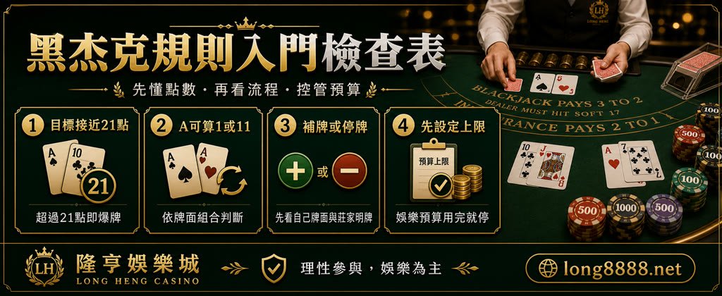 黑杰克規則入門檢查表，整理21點目標、A的點數、補牌停牌與預算上限