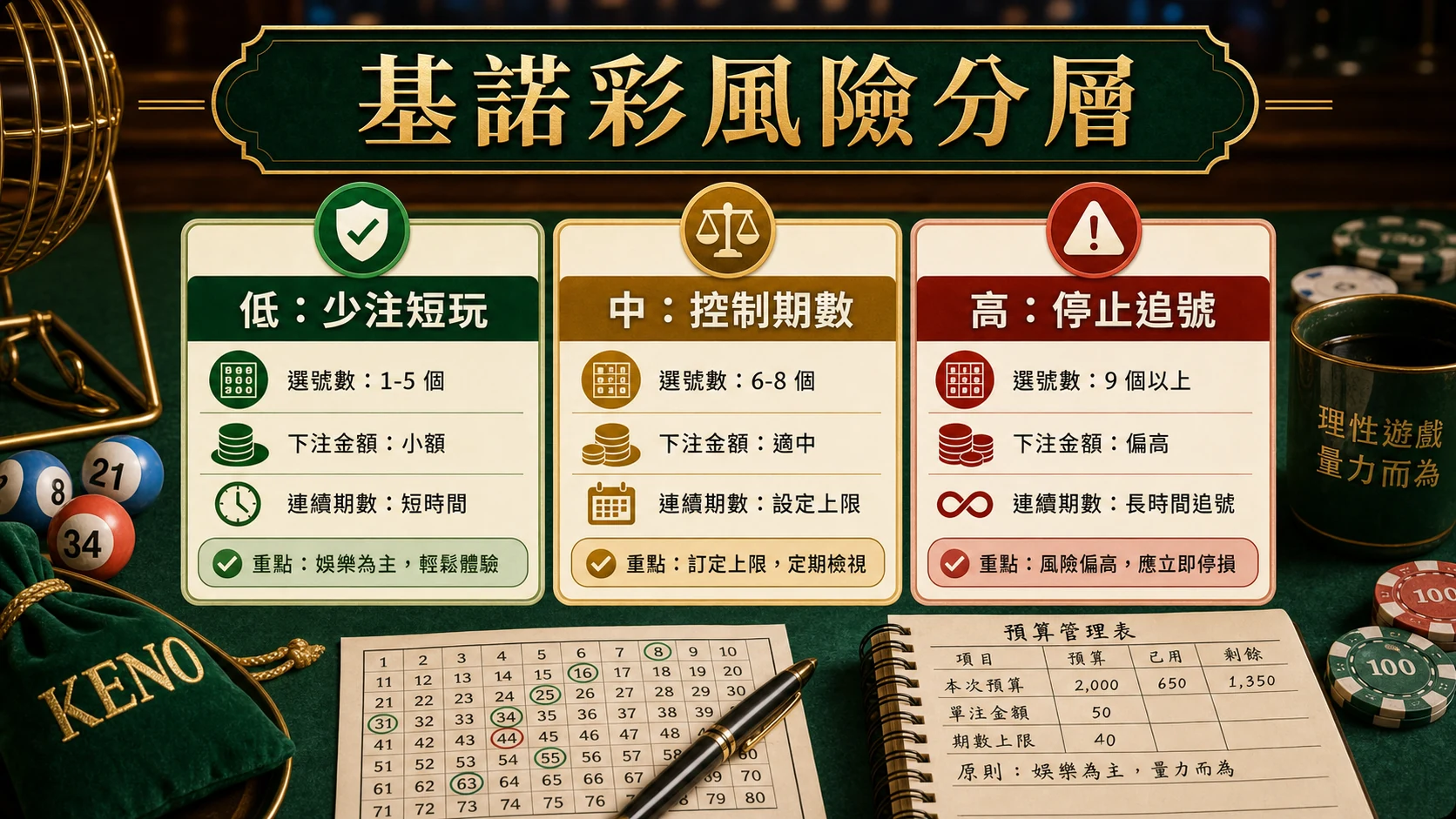 基諾彩少注短玩控制期數與停止追號風險分層圖