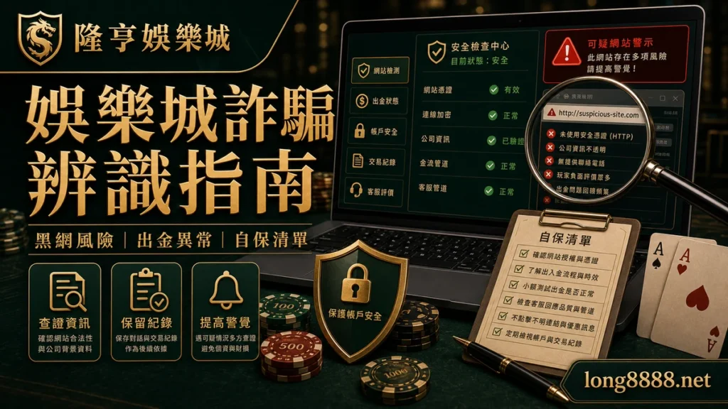 AT99娛樂城 娛樂城詐騙辨識指南 GPT IMAGE2 圖卡，左上品牌、右下網址，提醒黑網風險、出金異常與自保清單。