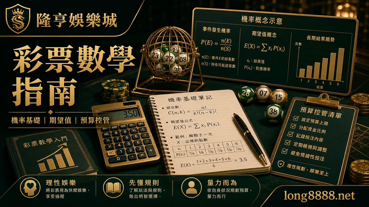 AT99娛樂城 彩票數學指南 GPT IMAGE2 圖卡，左上品牌、右下網址，說明機率基礎、期望值與預算控管。