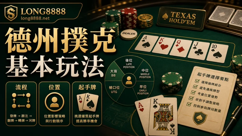 LONG8888 德州撲克基本玩法 GPT IMAGE2 圖卡，呈現起手牌、位置觀念與流程重點。