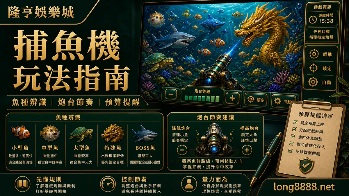 AT99娛樂城 捕魚機玩法指南 GPT IMAGE2 圖卡，左上品牌、右下網址，整理魚種辨識、炮台節奏與預算提醒。