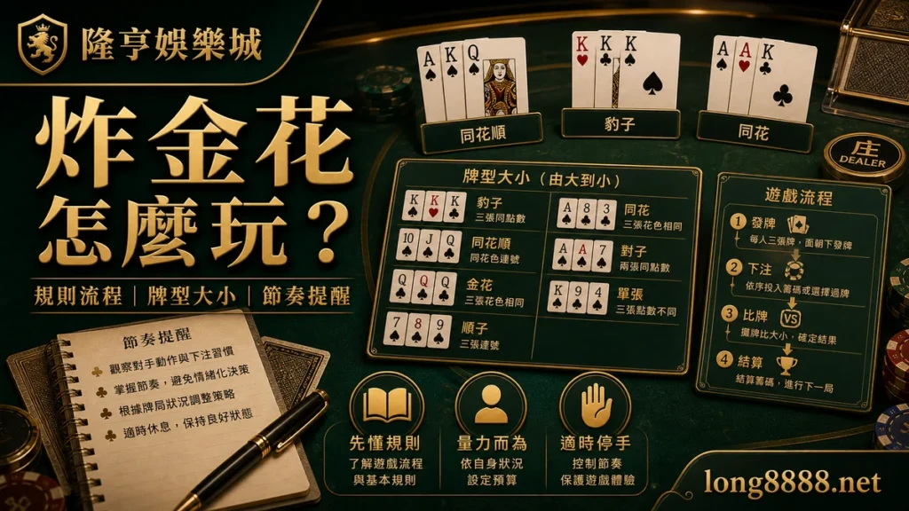 AT99娛樂城 炸金花怎麼玩 GPT IMAGE2 圖卡，左上品牌、右下網址，說明規則流程、牌型大小與節奏提醒。