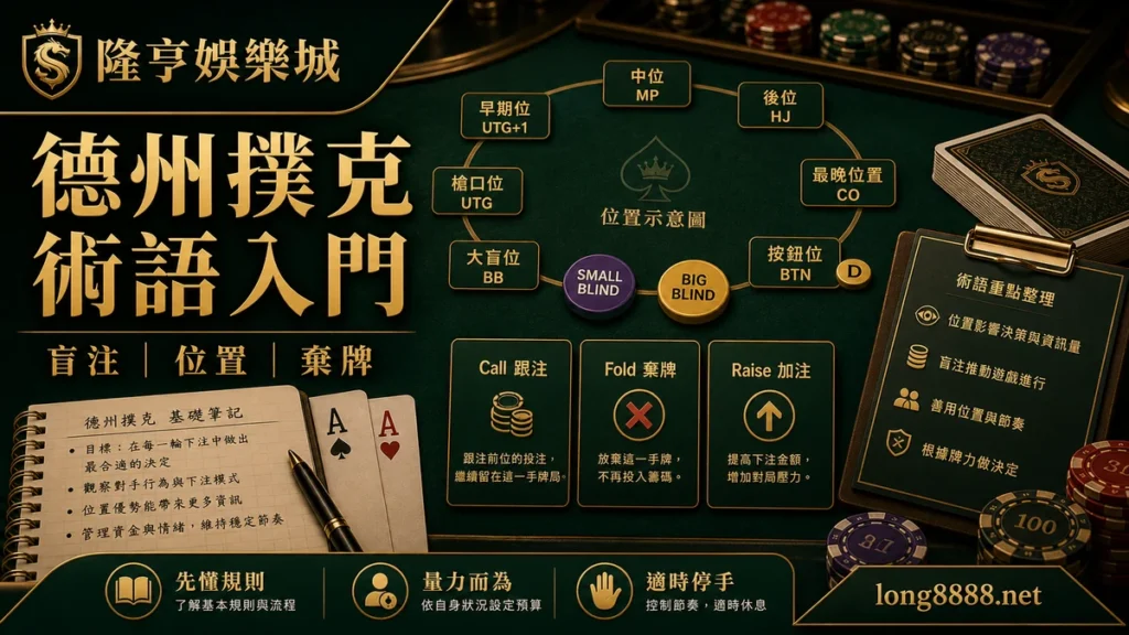 AT99娛樂城 德州撲克術語入門 GPT IMAGE2 圖卡，左上品牌、右下網址，說明盲注、位置與棄牌。