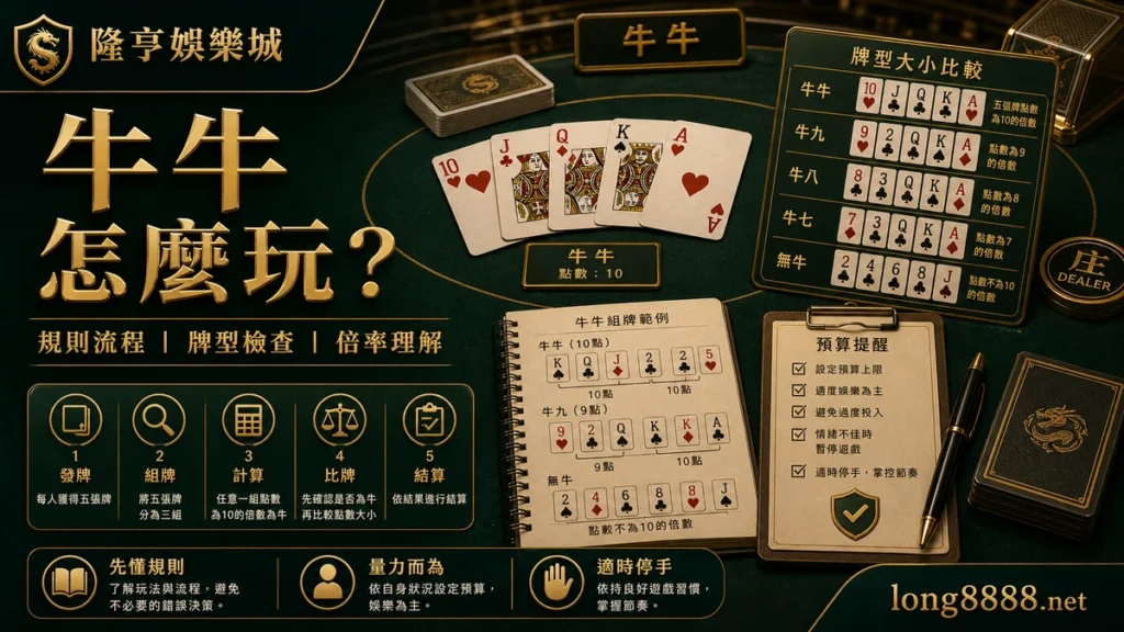 AT99娛樂城 牛牛怎麼玩 GPT IMAGE2 圖卡，左上品牌、右下網址，整理規則流程、牌型檢查與倍率理解。