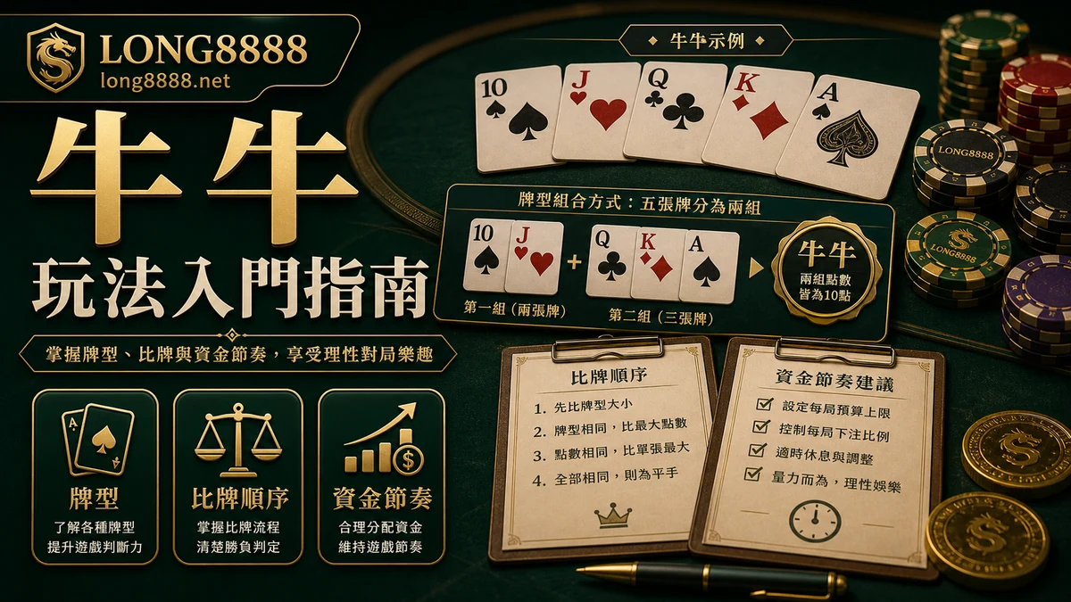 LONG8888 牛牛玩法入門指南 GPT IMAGE2 圖卡，呈現牌型比較、回合流程與預算提醒。